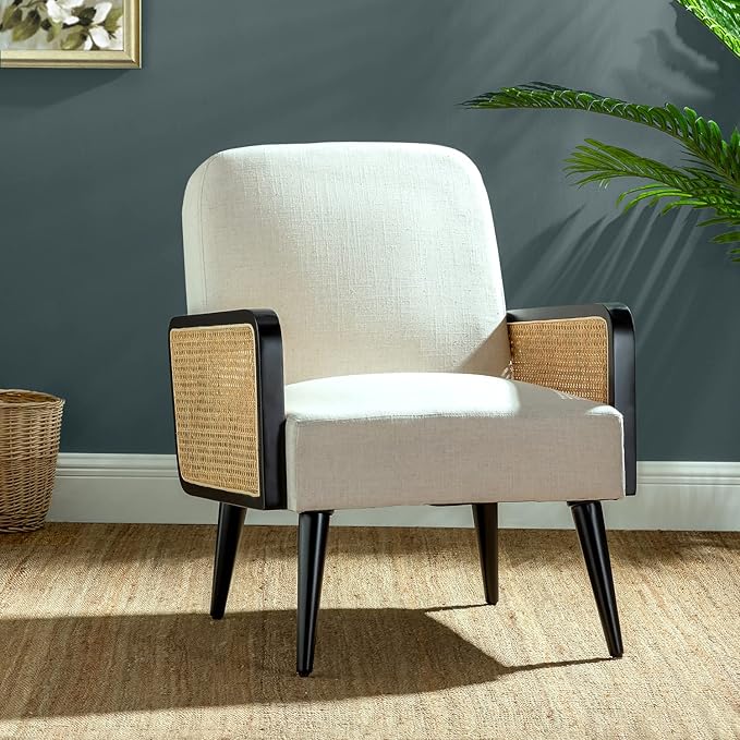Mid Century Modern Accent ChairUpholstered Chairs with Bamboo Knitting and Solid Wood Legsfor Living Room Reading Room Bedroom