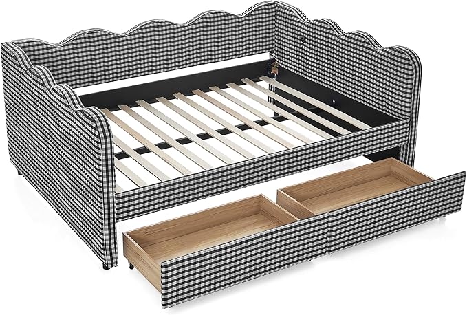 Cozy Gingham Daybed with Trundle Twin Size Sofa Bed No Box Spring Needed with USB Port and Adorable Wave Shaped Linen Fabric Navy (Black+Full+2 Drawers)