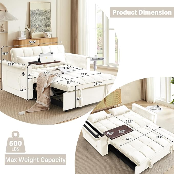 3 in 1 Sleeper Sofa BedConvertible Pull-Out Couch BedFuton Couches for Living Room with Side Pocket and Adjustable Backrest | USB Ports丨Sida Table丨Velvet Fabric | Small Loveseat CouchBeige