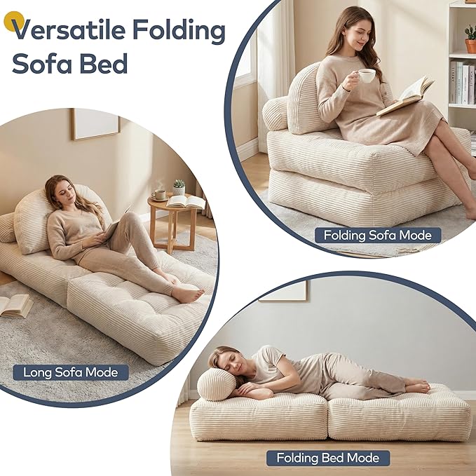 Folding Sofa Bed Convertible Sleeper Chair with Pillow Foldable Mattress with Back Support Portable Fold Out Chair Bed Comfy Floor Sofa Lounge for Living Room Bedroom (Beige)