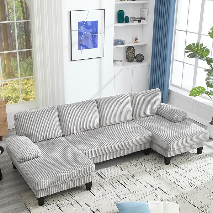 114.2 U-Shaped Sectional Sofa for Living Room Corduroy U-Shaped Couch with Double Chaises 4-Seater Comfy Cloud Sofa for Home Furniture Office &amp Small Space (Light Gray)