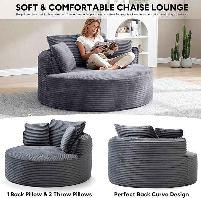 Oversized Round Chair Lounge Chaise Indoor 53.5 Corduroy Boneless Round Chair Fluffy Single Deep Seat Cloud Sofa Chairs Modern Circle Chaise Lounge for Bedroom Living Room Dark Grey