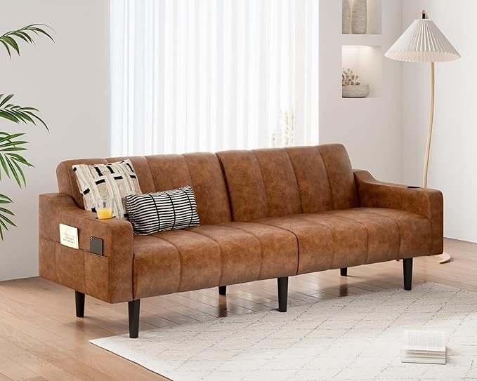 Brelice 80'' Leather Couch Futon Sofa Bed Faux Leather Couch with Adjustable Backrest 2 Cup Holders &amp Side Pockets Mid Century Modern Sofa for Living Room Bedroom Brown