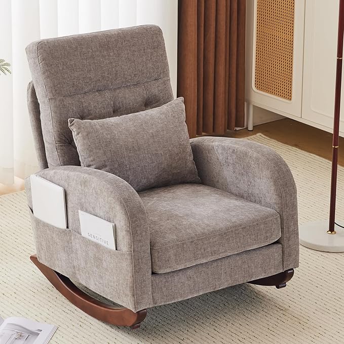 VINGLI Chenille Low Seat Rocking Chair Upholstered Nursery Glider Chair with Side PocketsAccent Arm Chair with High BackrestComfy Head Rest and Solid Wood Base For Living Room Bedroom BalconyGrey