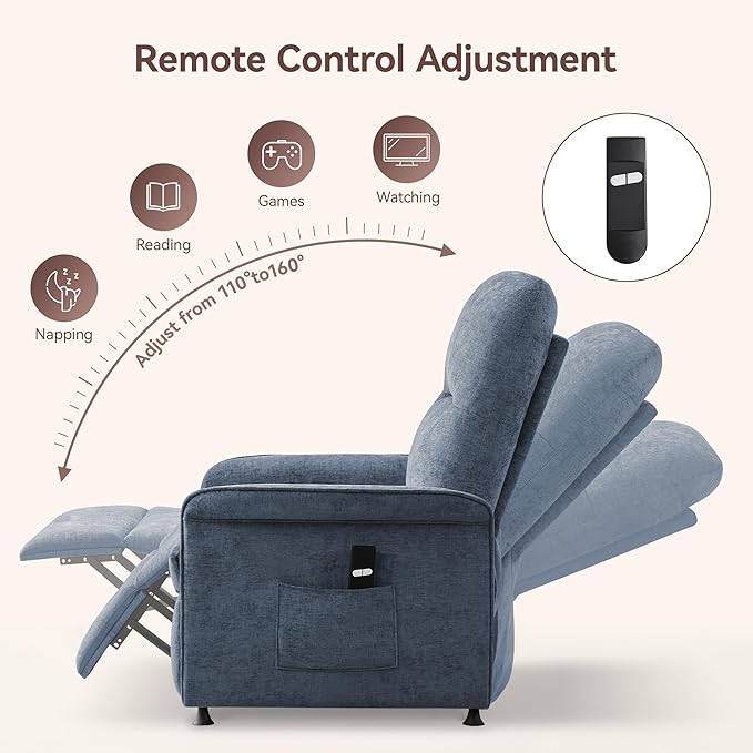 Power Recliner Chair for Adults Modern Reclining Single Sofa with Curved Armrest Comfy Ergonomics Electric Recliner with Side Pockets Adjustable Reading Chair for Living Room Bedroom Chenille Blue