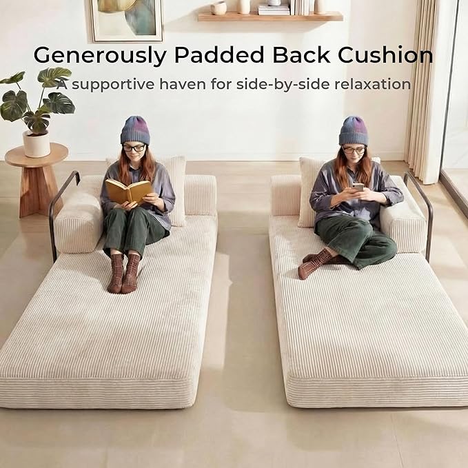 WELAX 77 Convertible Sleeper Sofa Bed Boneless Cloud Queen Futon Couches with 2 Pillows &amp Removable Armrests Corduroy Folding Floor Couch No Assembly for Bedroom Living Room Beige