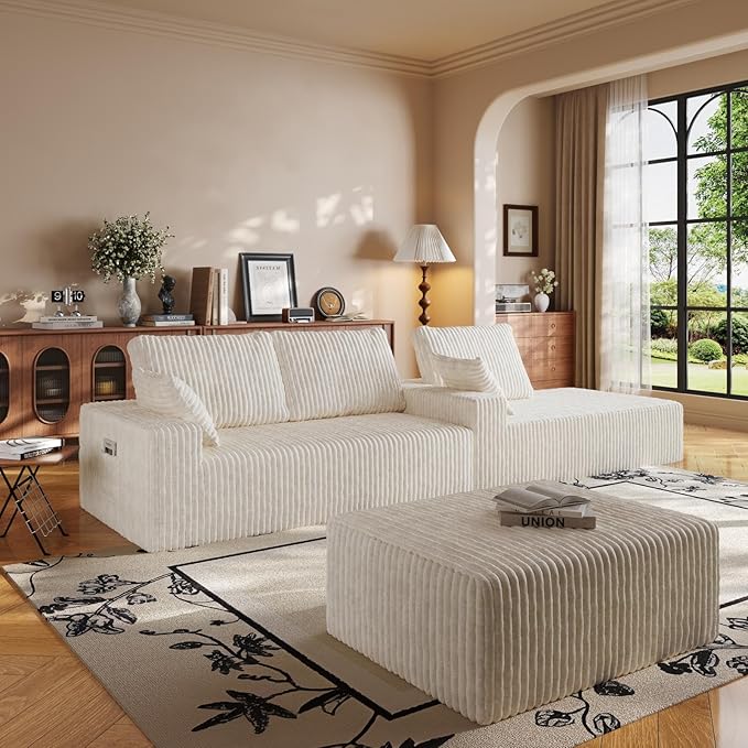 Cloud Sectional Couch with L-Shape Chaise4 Seat Modern Modular Sofa with Deep Seat (White Ottoman)