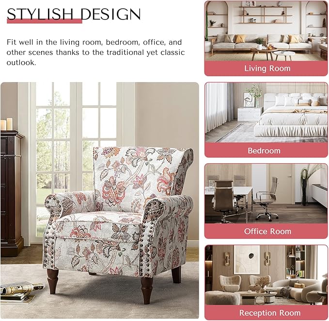 HULALA HOME Modern Wingback Accent Chair with Wood Legs &amp Removable Cushion Comfy Upholstered Armchair with Nailhead Trim Floral Pattern Single Sofa Chair for Living Room Bedroom Pink
