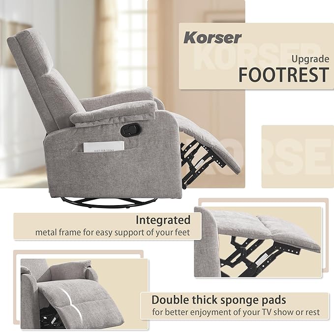 Swivel Rocking Recliner with Massage Small Glider Chair for Nursery Modern-Designed Armrests Chair for Adults Living Room Chenille Grey
