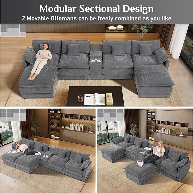 145 Oversized Modular Sectional Sofa U Shaped Cloud Couch Modern 6 Seat Sofa Set for Living Room Comfy Chenille Deep Seat with Storage Central Console Movable Ottomans Cup Holders USB Ports Grey