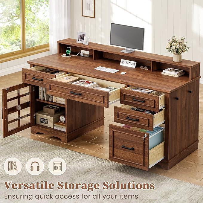 60'' Farmhouse Executive Desk with Drawers Home Office Desk with Power Outlet &amp LED Light Wood Computer Desk with Monitor Stand Locking File Drawer Glass Storage Cabinet Hooks