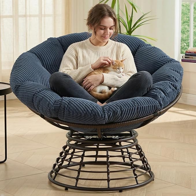 36” Papasan Chair with Cushion and Frame Oversized Papasan Chairs 360° Swivel Olefin Adjustable Feet Suitable for Living Room Patio Bedroom Indoor/Outdoor (Navy Blue)