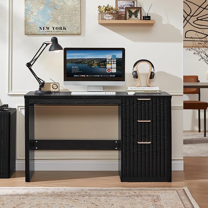 LEYAOYAO Office Desk 48 with 3 Drawers Storage File Cabinet Wood Fluted Desk for Computer Office Bedroom Home Furniture Black
