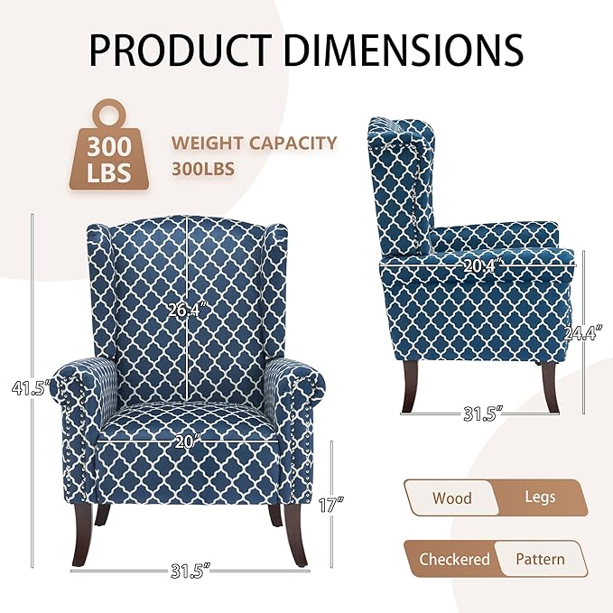 Modern Plaid Accent Chair Mid-Century Upholstered Wingback Armchair Club Sofa Chair with Wooden Legs Living Room Chair for Bedroom Balcony Lounge (Blue Check)