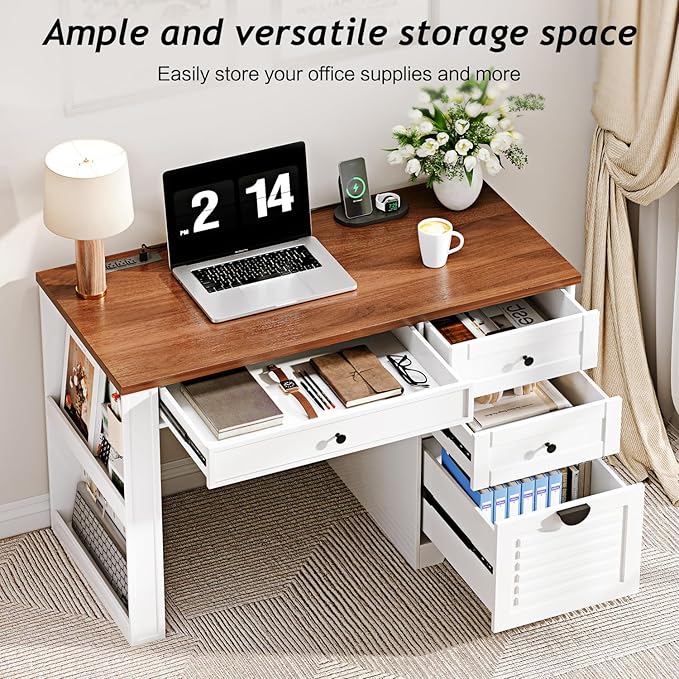 47 Home Office Desks Executive Desk Farmhouse Computer Desk with Drawers and Charging Station File Drawer Storage Cabinet Rustic Computer Writing DeskAntique White