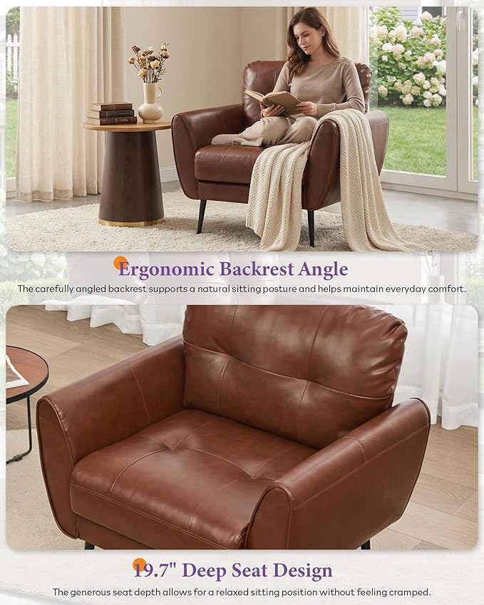 TYBOATLE Accent Chairs Set of 2 Comfy Modern Living Room Brown Leather Reading Accent Chairs Tufted Mid Century Arm Chair Small Salon Chair for Office Bedroom (2 Brown)