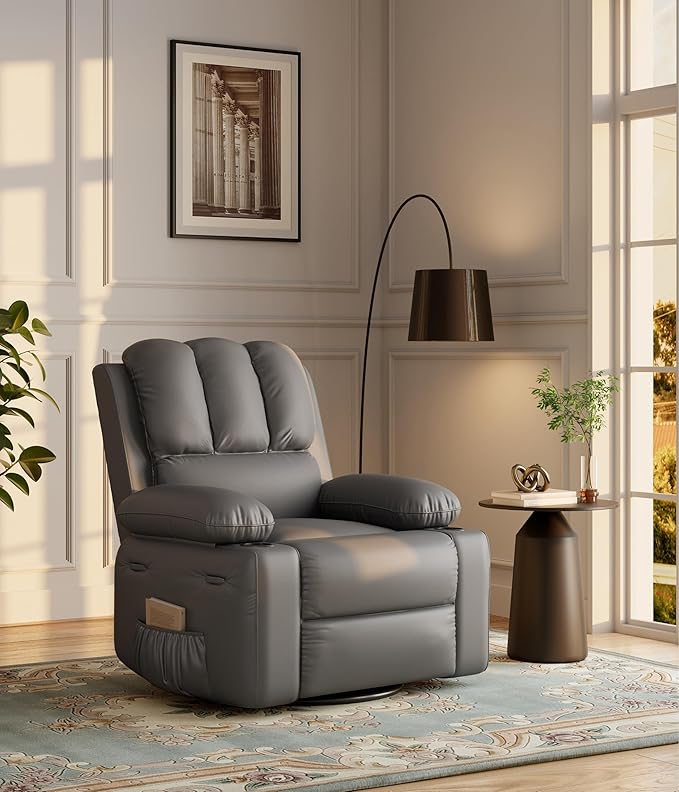 GarveeHome Oversized Recliner Chairs with 1.5X Sponge Filling 360° Swivel Lazy Recliner Chair for Adults Manual Rocking Chair with Cup Holder for Living Rooms Bedrooms and Nurseries