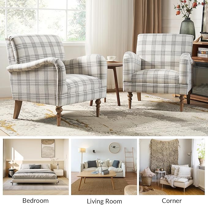 HULALA HOME Modern Accent Chair with Arms and Wooden Legs Comfy Upholstered Armchair for Living Room Bedroom (Plaid Pattern Grey)