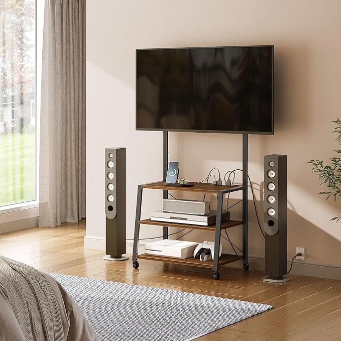 HOOBRO Rolling TV Stand with Mount and Power Outlet Up to 55 inch TV Corner Entertainment Center Small TV Stand with 3-Tier Storage Shelves for Living Room Bedroom Black and Walnut BH66UDS01