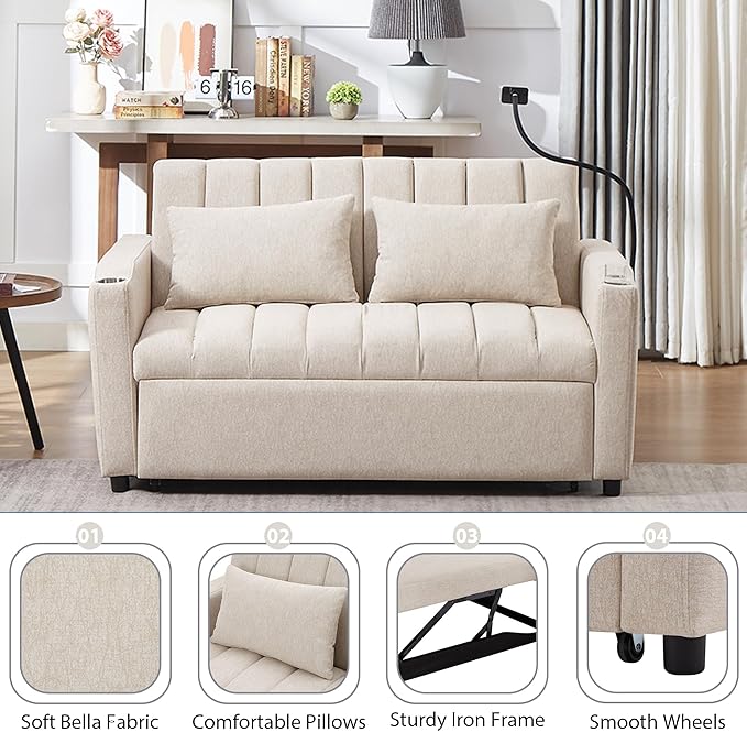 Pull Out Sofa Bed 55.9 Convertible Sofa Bed with 360°Swivel Phone Holderm Two Side Pockets Two Cup Holders 3 Level Adjustable Backrest Bella Fabric Loveseat Sofa (Beige * Loveseat90)