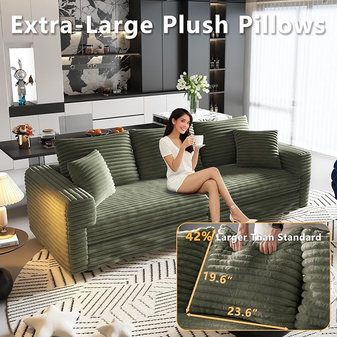 82.7'' Oversized Corduroy Couch Modular Sectional Sofa with 2 Ottomans Upholstered 3 Deep Seat U Shape Sofa Convertible Cloud Couches with Chaise Lounge for Living Room Apartment Green