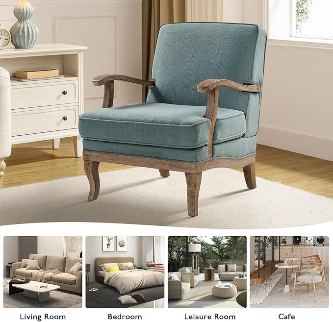 HULALA HOME Mid-Century Modern Accent Chairs Set of 2 Upholstered Lounge Arm Chair with Solid Wood Legs and Armrest Removable Cushion Comfy Reading Armchair for Living Room Bedroom Balcony Blue