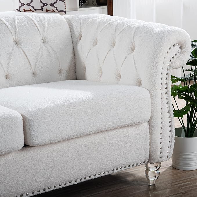 GDFStudio 85 Tufted Button Chesterfield Sofa with Deep Seat Cushions Rolled Arms &amp Gold Accent Strip 3-Seater Midcentury Modern Sofa for Living Room Classic Couch Furniture White + Polyester
