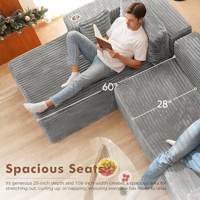 ELUCHANG Oversized 108” Boneless Couch Comfy Cloud Modular Sectional Sofa L-Shape Sofa with Chaise Memory Foam Upholstered Couch for Living Room Bedroom No Assembly Required Corduroy Grey