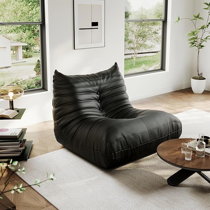 Lazy Floor SofaSingle Seat Fireside ChairBig Bean Bag Chair with Memory Foam Filled for Living RoomBlack