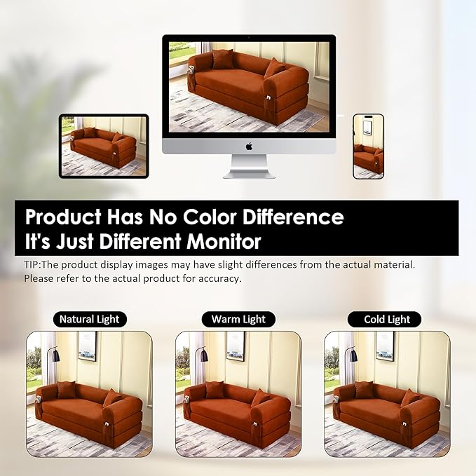 80 Convertible Sofa Bed 3-in-1 Corduroy Folding Pull Out Couch with Pillows No Assembly Modern Boneless Couch Compression Sofa in Box Floor Sofa with Side Storage Pocket for Living Room Orange