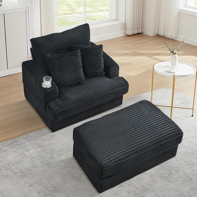 Chaise Lounge Chair Indoor 39 W Plush Corduroy Oversized Chair with Ottoman Upholstered Cozy Chaise with Cup Holder Modern Deep Seat Comfy Sofa Armchair for Living Room Bedroom(Black)