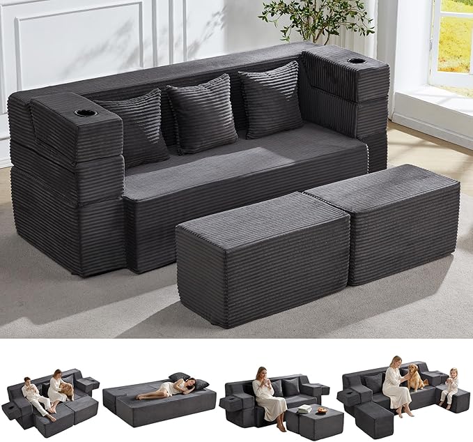 HOMREST 78.7 Sleeper Ottoman Sofa Bed for Small Space Full-Length Folding Memory Foam Couch in a Box with 2 Ottomans &amp Flip-Up Armrest 3-in-1 Convertible Futon No Assembly Dark Grey