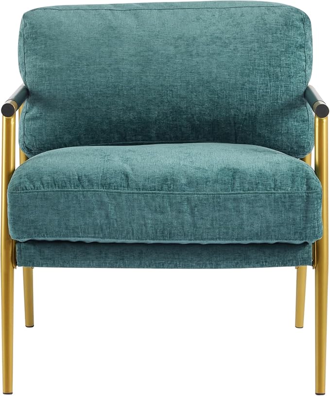 Modern Accent Chair Lounge Arm Chair Upholstered Armchair with Plush Cushions Single Chairs with Metal FrameWooden Armrest - Perfect for OfficeLiving RoomBedroomGold+Teal Blue