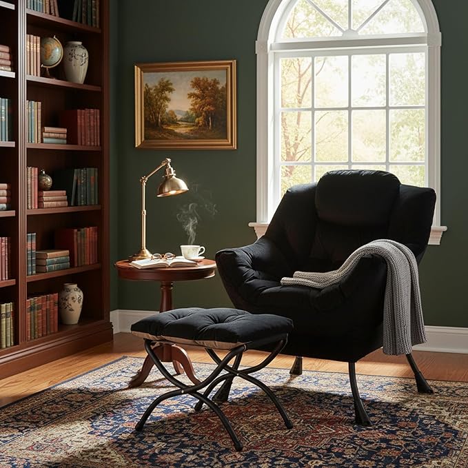 Welnow Lazy Chair with Ottoman Modern Accent Chair with Armrests and a Side Pocket Leisure Sofa Armchair Reading Armchair with Footrest for Small Space Black