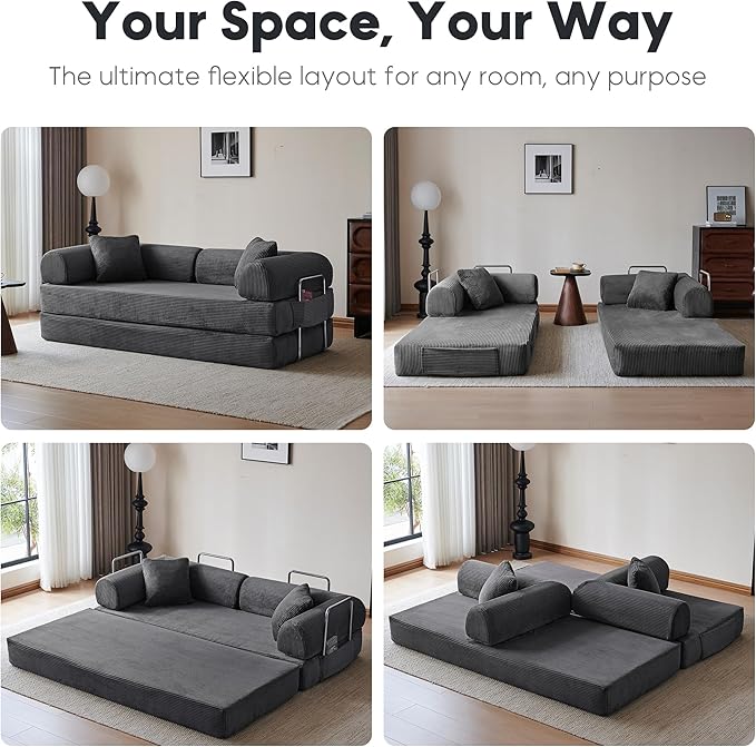 79 Convertible Sleeper Sofa Bed Modern Corduroy Floor Couch Bed with Fixed-Shape Frame Modular Sofa Couch with Pull Out Bed Boneless Loveseat Sleeper Couches for Living Room Grey