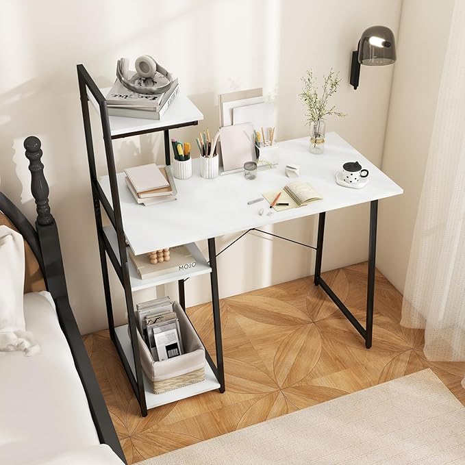 Tangkula Computer Desk with Shelves Space Saving Home Office Desk with 3-Tier Ladder Shaped Storage Bookshelf Modern Writing Study Desk with Metal Frame Compact Computer Workstation (White)