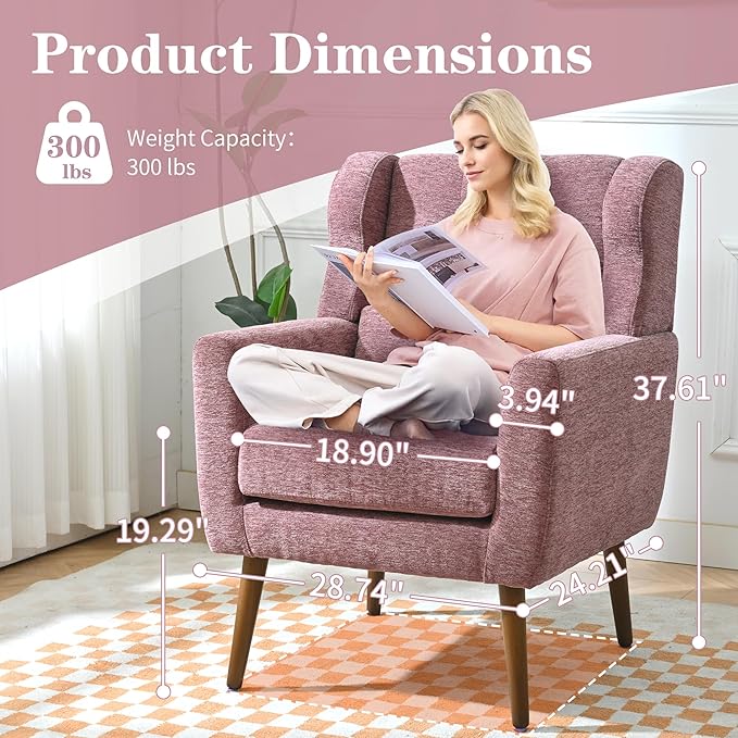 Modern Accent Chair Upholstered Armchair with Pillow Fabric Single Sofa Chair with Lounge Seat Solid Wood Legs Accent Chair for Living Room Bedroom Small Spaces (Purple)