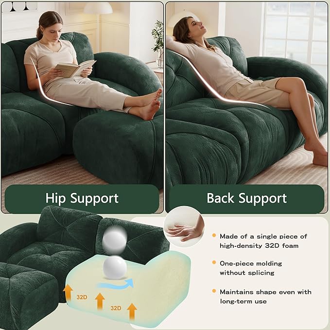 Boneless Couch Modular Sectional Sofa 80.3 Sectional Couches for Living Room Upholstered Cloud Couch Retro Velvet Floor Sofa with Ottoman Deep Seat Loveseat for BedroomGreen