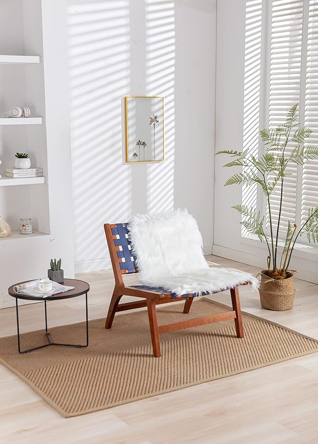 Solid Wood Frame Chair with White Faux Wool. Modern Accent Chair Lounge Chair for Living Room