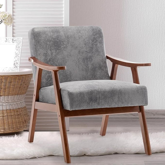 Mid-Century Modern ChairUpholstered Armchair Living Room Chair with Solid Wood Frame Comfy Reading Chairs Lounge Side Chair for Living RoomBedroomBelcony. (Grey+Fabric)