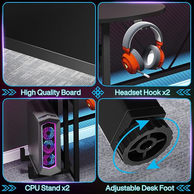 LITTLE TREE LED Gaming Desk with Monitor Shelf Carbon Fiber Surface Gaming Table Gamer Workstation for Home Office Black