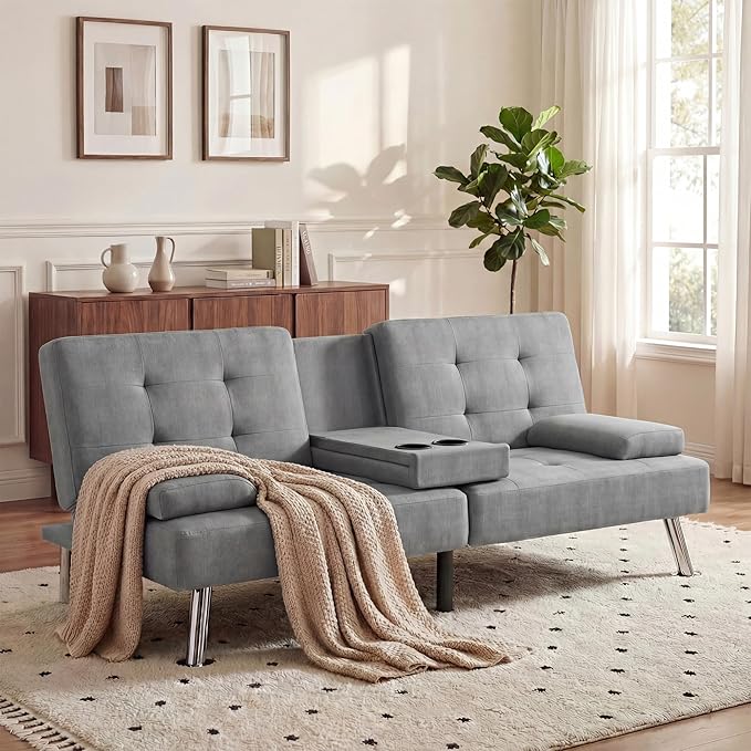 YESHOMY Modern Futon Sofa Bed Convertible Futon Couch with Adjustable Backrest Futon Loveseat Sleeper Sofa Bed with Armrest for Living Room Small SpacesLinen Fabric Light Gray