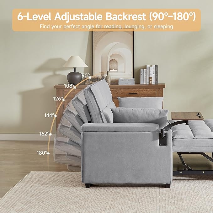 65 Sleeper Sofa Bed Loveseat Convertible Couch for Living Room RV Sofa with Adjustable Backrest Chaise Lounge Side Table USB &amp Type-C Ports