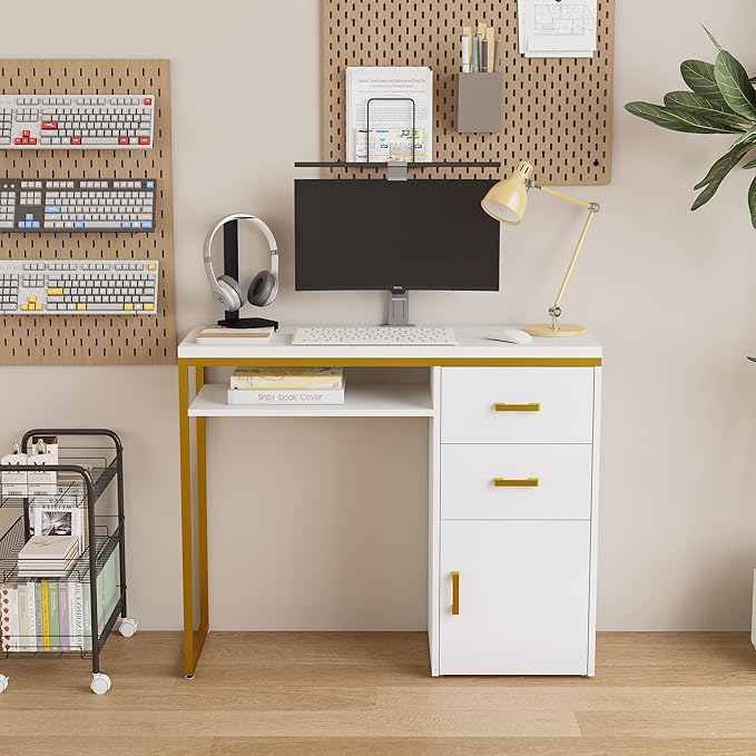 White Computer Desk Corner Desks Gaming Desk PC Table for Home Office Dorm Sturdy Writing Workstation Office Desk Home Office Desks with Cabinet for Small Space Study Writing Table PC Desks