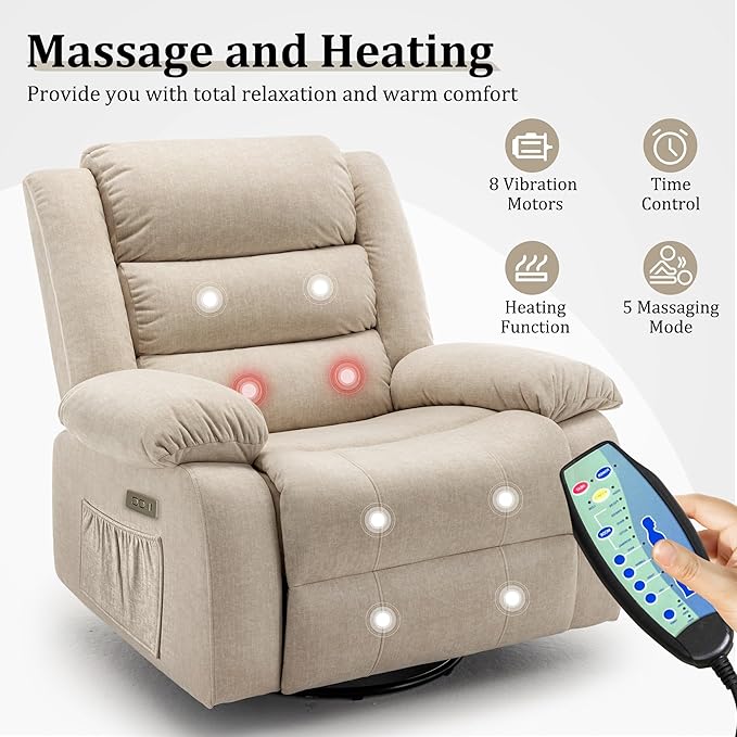 Power Recliner Chair Electric Rocker Recliner with Massage and Heat 270° Swivel Glider Oversized Wide Seat with USB Port Cashmere Nursery Chair for Living Room Khaki