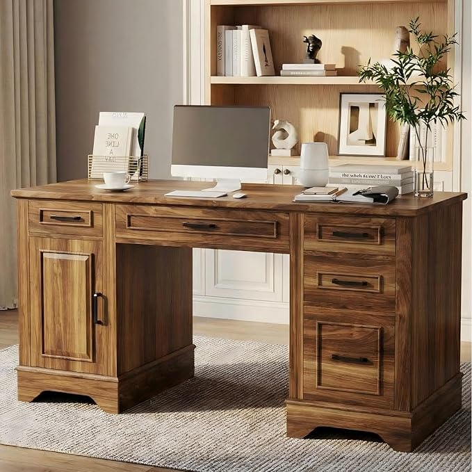 Garvee Farmhouse Executive Office Desk Set – 58 Spacious Wooden Computer Table with Keyboard Tray File Cabinet Storage Drawers – Ideal for Home Office Bedroom or Living Room – Wood Color