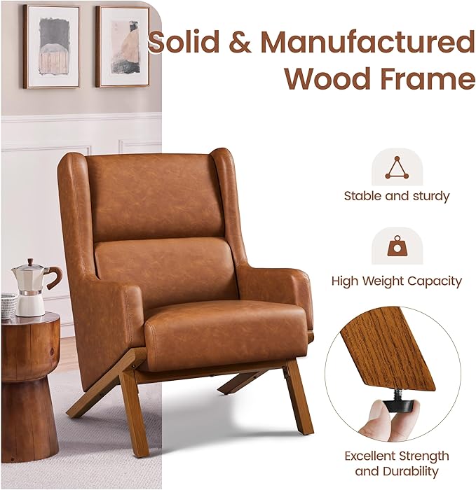Yaheetech Brown Accent Chair PU Leather Armchair High Wide Backrest Oversized Recliner Chair Thick Seat Cushion for Office Reception Room Reading Nook Brown