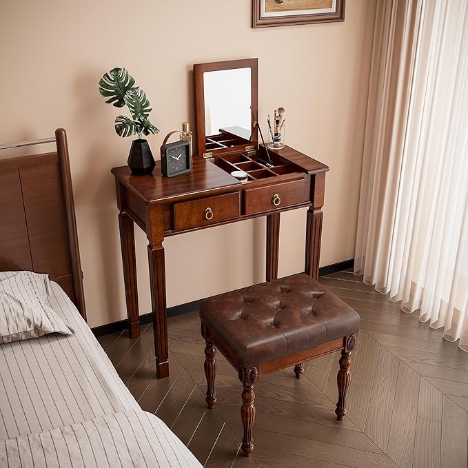 Makeup Vanity Desk Set with Flip Top Mirror 31.5 Wooden Vanity Table with Mirror Compact Dressing Table with 2 Drawers &amp 7 Compartments Writing Desk with Padded Stool for Bedroom Cherry+Brown