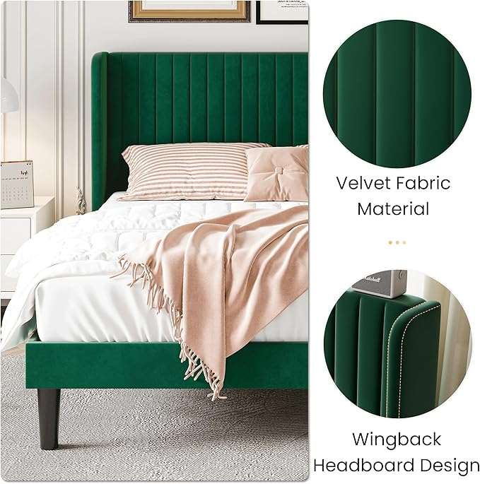 SHA CERLIN King Size Velvet Bed Frame with Vertical Channel Tufted Wingback Headboard Upholstered Platform Bed with Wood Slats No Box Spring Needed Easy Assembly Green