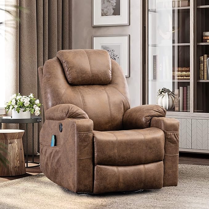 VIVIJASON Manual Massage Rocker Recliner Chair 360° Swivel Glider Lounge Chair with Heat Ergonomic Home Theater Recliner Sofa with 2 Cup Holders Side Pockets &amp USB Ports for Living Room Brown